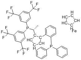 structure of CAS# 849925-17-3, (1R)-1-[(1S)-1-[Bis[3,5-bis(trifluoromethyl)phenyl]phosphino]ethyl]-2-[2-(diphenylphosphino)phenyl]ferrocene;Iron(2+) 1-[(1R)-1-{bis[3,5-bis(trifluoromethyl)phenyl]phosphino}ethyl]-2-[2-(diphenylphosphino)phenyl]-2,4-cyclopentadienide 2,4-cyclopentadienide (1:1:1); (S)-1-{(SP)-2-[2-(Diphenylphosphino)phenyl]ferrocenyl}ethylbis[3,5-bis-(trifluoromethyl)phenyl]phosphine