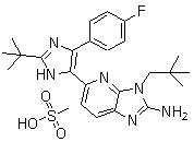 结构式 CAS# 862507-23-1, 5-[2-(叔丁基)-4-(4-氟苯基)-1H-咪唑-5-基]-3-(2,2-二甲基丙基)-3H-咪唑并[4,5-b]吡啶-2-胺甲磺酸盐