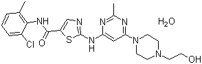 结构式 CAS# 863127-77-9, 达沙替尼; N-(2-氯-6-甲基苯基)-2-[[6-[4-(2-羟乙基)-1-哌嗪基]-2-甲基-4-嘧啶基]氨基]-5-噻唑甲酰胺 (一水物)