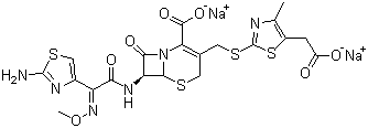 structure of CAS# 86329-79-5, Cefodizime sodium;Cefodizime disodium; Kenicef; 7-(((2-Amino-4-thiazolyl)(methoxyimino)acetyl)amino)-3-(((5-(carboxymethyl)-4-methyl-2-thiazolyl)thio)methyl)-8-oxo-5-thia-1-azabicyclo(4.2.0)oct-2-ene-2-carboxylic acid disodium salt