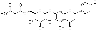 structure of CAS# 86546-87-4, Apigenin 7-O-malonylglucoside;7-[[6-O-(Carboxyacetyl)-beta-D-glucopyranosyl]oxy]-5-hydroxy-2-(4-hydroxyphenyl)-4H-1-benzopyran-4-one; Apigenin 7-(6''-malonylglucoside); Apigenin 7-O-(6-O-malonylglucoside)
