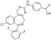结构式 CAS# 869363-13-3, MLN 8054; 4-[[9-氯-7-(2,6-二氟苯基)-5H-嘧啶并[5,4-d][2]苯并氮杂卓-2-基]氨基]苯甲酸