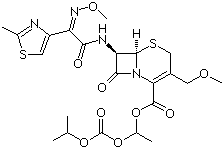 structure of CAS# 87239-81-4, Cefpodoxime proxetil ;Vantin; (RS)-1(Isopropoxycarbonyloxy)ethyl (+)-(6R,7R)-7-[2-(2-amino-4-thiazolyl)-2-[(Z)methoxyimino]acetamido]-3-methoxymethyl-8-oxo-5-thia-1-azabicyclo[4.2.0]oct-2-ene-2-carboxylate