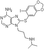structure of CAS# 873436-91-0, PU-H 71;6-Amino-8-[(6-iodo-1,3-benzodioxol-5-yl)thio]-N-(1-methylethyl)-9H-purine-9-propanamine