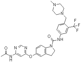 结构式 CAS# 882405-89-2, 5-[[6-(乙酰氨基)-4-嘧啶基]氧基]-2,3-二氢-N-[4-[(4-甲基-1-哌嗪基)甲基]-3-(三氟甲基)苯基]-1H-吲哚-1-甲酰胺