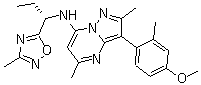 结构式 CAS# 885220-61-1, Verucerfont; 3-(4-甲氧基-2-甲基苯基)-2,5-二甲基-N-[(1S)-1-(3-甲基-1,2,4-恶二唑-5-基)丙基]吡唑并[1,5-a]嘧啶-7-胺