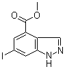 structure of CAS# 885519-74-4, 6-Iodo-1H-indazole-4-carboxylic acid methyl ester