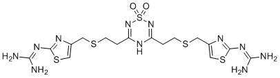 structure of CAS# 89268-62-2, Famotidine EP Impurity B;amotidine dimer;2-[4-[2-[5-[2-[[2-(diaminomethylideneamino)-1,3-thiazol-4-yl]methylsulfanyl]ethyl]-1,1-dioxo-4H-1,2,4,6-thiatriazin-3-yl]ethylsulfanylmethyl]-1,3-thiazol-2-yl]guanidine