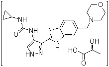 structure of CAS# 896466-76-5, (2S)-2-Hydroxypropanoic acid compd. with N-cyclopropyl-N'-[3-[6-(4-morpholinylmethyl)-1H-benzimidazol-2-yl]-1H-pyrazol-4-yl]urea