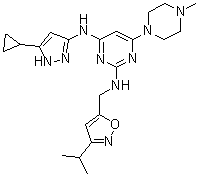 structure of CAS# 898280-07-4, N4-(5-Cyclopropyl-1H-pyrazol-3-yl)-N2-[[3-(1-methylethyl)-5-isoxazolyl]methyl]-6-(4-methyl-1-piperazinyl)-2,4-pyrimidinediamine