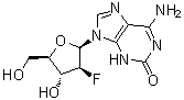 结构式 CAS# 899827-82-8, 6-氨基-9-(2-脱氧-2-氟-beta-D-阿拉伯呋喃糖基)-1,9-二氢-2H-嘌呤-2-酮