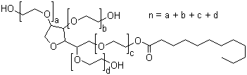 结构式 CAS# 9005-64-5, 吐温 20; 聚氧乙烯失水山梨醇月桂酸酯; 聚氧乙烯山梨醇酐月桂酸酯; 聚氧乙烯山梨糖醇酐单月桂酸酯; 乳化剂 T-20