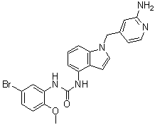 structure of CAS# 900573-88-8, 1-[1-[(2-Aminopyridin-4-yl)methyl]-1H-indol-4-yl]-3-(5-bromo-2-methoxyphenyl)urea;CGI 1842; JI 101