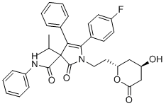 structure of CAS# 906552-19-0, Atorvastatin Pyrrolidone Lactone;5-(4-Fluorophenyl)-1-(2-((2R,4R)-4-hydroxy-6-oxotetrahydro-2H-pyran-2-yl)ethyl)-3-isopropyl-2-oxo-N,4-diphenyl-2,3-dihydro-1H-pyrrole-3-carboxamide