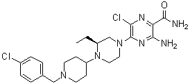 structure of CAS# 906805-42-3, 3-Amino-6-chloro-5-[(3S)-4-[1-[(4-chlorophenyl)methyl]-4-piperidinyl]-3-ethyl-1-piperazinyl]pyrazinecarboxamide