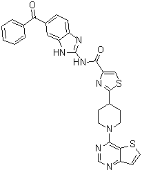 结构式 CAS# 913822-46-5, N-(6-苯甲酰基-1H-苯并咪唑-2-基)-2-(1-噻吩并[3,2-d]嘧啶-4-基-4-哌啶基)-4-噻唑甲酰胺