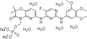 structure of CAS# 914295-16-2, Fostamatinib disodium salt hexahydrate;6-[[5-Fluoro-2-[(3,4,5-trimethoxyphenyl)amino]-4-pyrimidinyl]amino]-2,2-dimethyl-4-[(phosphonooxy)methyl]-2H-pyrido[3,2-b]-1,4-oxazin-3(4H)-one disodium salt hexahydrate