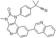 structure of CAS# 915019-65-7, NVP-BEZ 235;2-Methyl-2-[4-[3-methyl-2-oxo-8-(quinolin-3-yl)-2,3-dihydroimidazo[4,5-c]quinolin-1-yl]phenyl]propionitrile