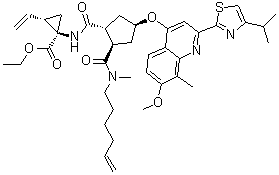 structure of CAS# 923604-56-2, (1R,2S)-2-Ethenyl-1-[[[(1R,2R,4R)-2-[(5-hexen-1-ylmethylamino)carbonyl]-4-[[7-methoxy-8-methyl-2-[4-(1-methylethyl)-2-thiazolyl]-4-quinolinyl]oxy]cyclopentyl]carbonyl]amino]cyclopropanecarboxylic acid ethyl ester