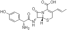 结构式 CAS# 92665-29-7, 头孢丙烯; (6R,7R)-7-[(2R)-2-氨基-2-(4-羟基苯基)乙酰氨基]-8-氧代-3-(1-丙烯基)-5-硫杂-1-氮杂双环[4.2.0]辛-2-烯-2-羧酸