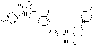 结构式 CAS# 928037-13-2, E-7050; N-[2-氟-4-[[2-[[[4-(4-甲基哌嗪-1-基)哌啶-1-基]羰基]氨基]吡啶-4-基]氧基]苯基]-N'-(4-氟苯基)环丙烷-1,1-二甲酰胺