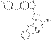 结构式 CAS# 929095-18-1, GSK-461364; 5-[6-[(4-甲基-1-哌嗪基)甲基]-1H-苯并咪唑-1-基]-3-[(1R)-1-[2-(三氟甲基)苯基]乙氧基]-2-噻吩甲酰胺