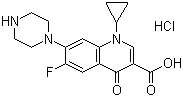 结构式 CAS# 93107-08-5, 环丙沙星盐酸盐; 环丙氟哌酸盐酸盐; 1-环丙基-6-氟-1,4-二氢-4-氧代-7(1-哌嗪基)-3-喹啉羧酸盐酸盐