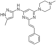 structure of CAS# 934353-76-1, 6-(4-Methyl-1-piperazinyl)-N-(5-methyl-1H-pyrazol-3-yl)-2-[(1E)-2-phenylethenyl]-4-pyrimidinamine