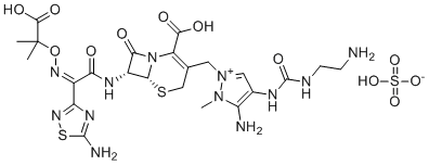 structure of CAS# 936111-69-2, Ceftolozane sulfate;(6R,7R)-3-[[3-amino-4-(2-aminoethylcarbamoylamino)-2-methylpyrazol-1-ium-1-yl]methyl]-7-[[(2Z)-2-(5-amino-1,2,4-thiadiazol-3-yl)-2-(2-carboxypropan-2-yloxyimino)acetyl]amino]-8-oxo-5-thia-1-azabicyclo[4.2.0]oct-2-ene-2-carboxylic acid;hydrogen sulfate