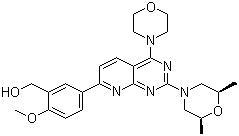 结构式 CAS# 938440-64-3, KU-0063794; 5-[2-[(2R,6S)-2,6-二甲基-4-吗啉基]-4-(4-吗啉基)吡啶并[2,3-d]嘧啶-7-基]-2-甲氧基苯甲醇