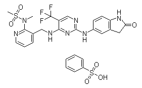 结构式 CAS# 939791-38-5, PF 562271 苯磺酸盐; N-甲基-N-[3-[[[2-[(2-氧代-2,3-二氢-1H-吲哚-5-基)氨基]-5-三氟甲基嘧啶-4-基]氨基]甲基]吡啶-2-基]甲磺酰胺苯磺酸盐