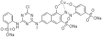Trisodium [7-[[4-chloro-6-[(2-sulfophenyl)amino]-1,3,5-triazin-2-yl]methylamino]-4-hydroxy-3-[(2-hydroxy-5-sulfophenyl)azo]-2-naphthalenesulfonato]cuprate molecular structure (CAS 94276-75-2)