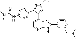 结构式 CAS# 942918-07-2, GSK 1070916; N'-[4-[4-[2-[3-[(二甲基氨基)甲基]苯基]-1H-吡咯并[2,3-b]吡啶-4-基]-1-乙基-1H-吡唑-3-基]苯基]-N,N-二甲基脲