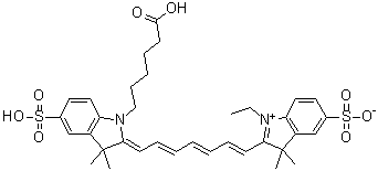 structure of CAS# 943298-08-6, 2-[7-[1-(5-Carboxypentyl)-1,3-dihydro-3,3-dimethyl-5-sulfo-2H-indol-2-ylidene]-1,3,5-heptatrien-1-yl]-1-ethyl-3,3-dimethyl-5-sulfo-3H-indolium inner salt