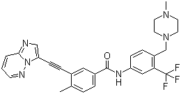 structure of CAS# 943319-70-8, Ponatinib;AP 24534; 3-(2-Imidazo[1,2-b]pyridazin-3-ylethynyl)-4-methyl-N-[4-[(4-methyl-1-piperazinyl)methyl]-3-(trifluoromethyl)phenyl]benzamide