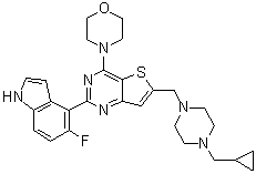 structure of CAS# 955977-50-1, 6-[[4-(Cyclopropylmethyl)-1-piperazinyl]methyl]-2-(5-fluoro-1H-indol-4-yl)-4-(4-morpholinyl)-thieno[3,2-d]pyrimidine