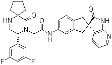 结构式 CAS# 957118-49-9, MK 3207; (8R)-8-(3,5-二氟苯基)-10-氧代-N-[(2R)-1,1',2',3-四氢-2'-氧代螺[2H-茚-2,3'-[3H]吡咯并[2,3-b]吡啶]-5-基]-6,9-二氮杂螺[4.5]癸烷-9-乙酰胺